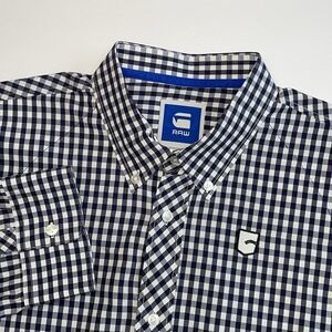 G-Star Raw Button Up Shirt Men's 3XL Gingham Check Navy White Cotton‎ Logo
